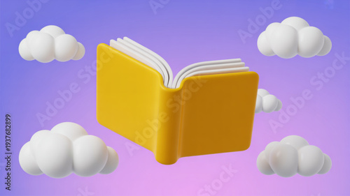 Yellow book with white clouds floating in the air on purple background symbolizing learning and imagination in a dreamy atmosphere