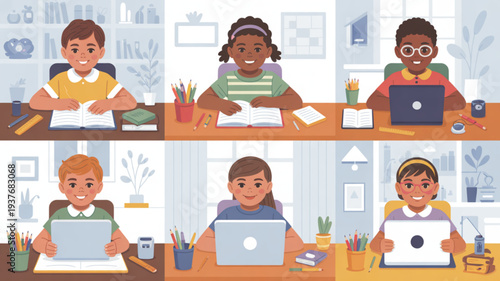 Diverse children using laptops and writing in classroom setting with desks and educational tools