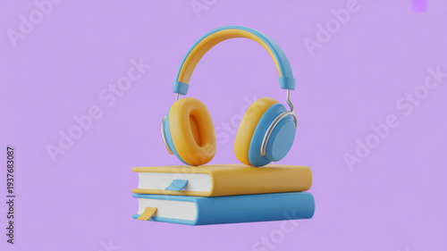 Colorful headphones on top of stacked books against purple background for learning and relaxation