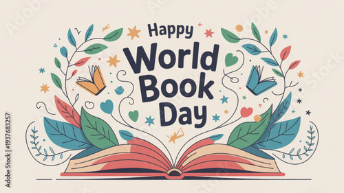 Happy world book day illustration with open book leaves stars and birds on beige background