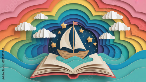 Sailing into dreams a whimsical scene of a sailboat emerging from an open book under a starry night sky with rainbow clouds