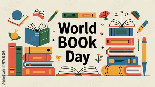 Vibrant world book day illustration with stacked books floating books pencils and reading accessories on beige background