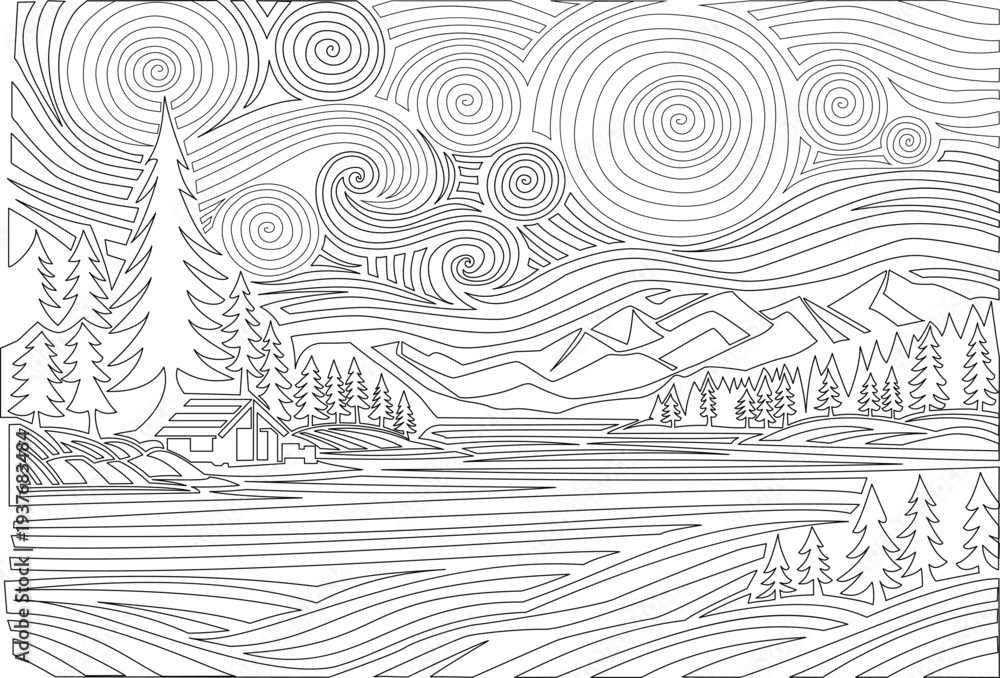 Fototapeta premium Abstract Line Art Landscape Coloring Page with Mountains and Forest Cabin