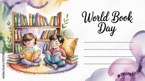 Two children reading books on world book day with a bookshelf and balloons