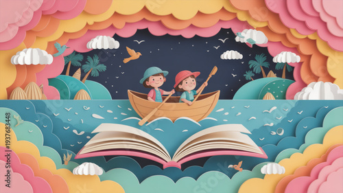Two children in a boat on water coming out of an open book surrounded by colorful clouds