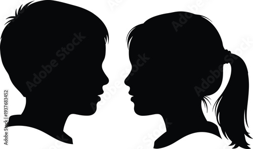 Black silhouette of boy and girl faces looking at each other, isolated vector illustration of childhood and sibling friendship.