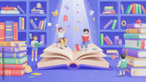 Children playing with books and letters in a colorful library with shelves