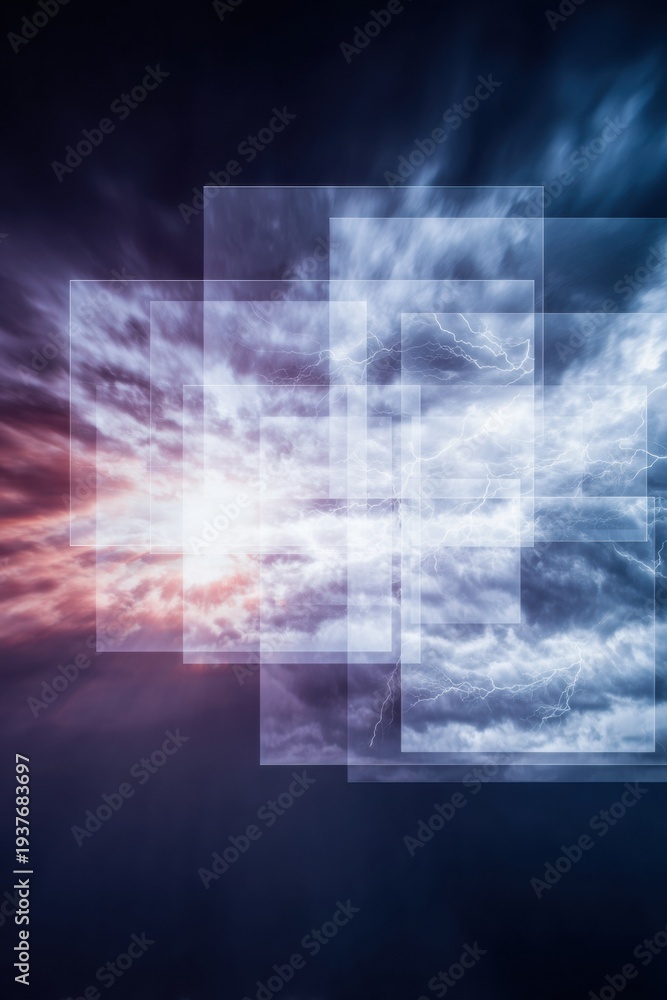 Obraz premium Weather Forecast Collage Displaying Lightning and Clouds with Coral Sunset Glow Background for Mobile App Promotion and Meteorological Technology Interface Design