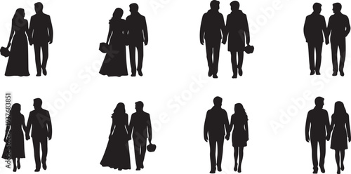 Romantic wedding couple silhouette vector set isolated on white