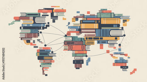 Global knowledge connections through stacked books forming a world map with lines