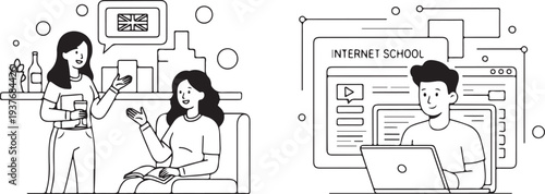 Studying foreign language online. Student speaking English in uk club and learn in internet school. Digital education, elearning concept. Line graphic vector illustration banner, social media web ad