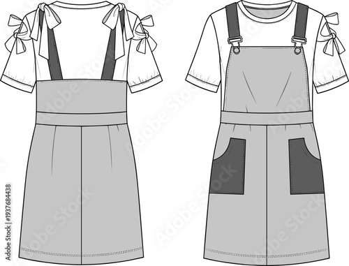 Women’s pinafore dress, short‑sleeved top, bow details, patch pockets, buckle straps, fashion illustration, technical sketch, garment construction, apparel design, clothing template