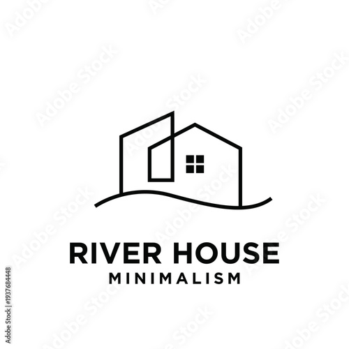 Minimalist River House Logo Design with Abstract Geometric Houses and Waterline