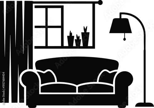 Cozy living room silhouette illustration with sofa, window, curtains, potted plants, floor lamp, home interior design concept for comfort and decoration