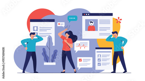 Stressed individuals looking at medical reports and heart rate graphs symbolizing health anxiety and medical concerns.