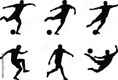 Football Player Different Shooting Techniques Silhouette Set Dynamic Soccer Action Poses Isolated on White Background