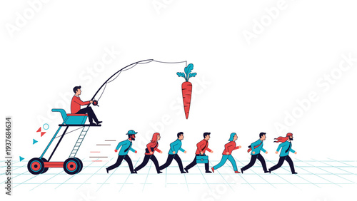 Metaphorical illustration of a boss dangling a giant carrot on a fishing rod to motivate a line of running employees.