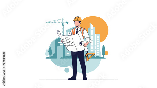 Professional architect wearing a hard hat and safety vest while holding large building blueprints in front of a city construction site.