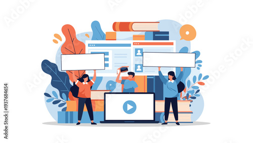 Diverse group of students holding blank signs while standing in front of large screens showing online learning videos and books.