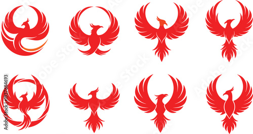 Fiery phoenix vector illustration set, mythical bird artwork, rebirth and transformation symbol, red orange flame design for logo tattoo decoration