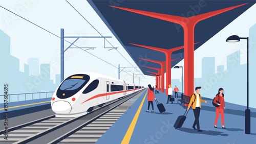 Passengers with suitcases walking along a platform next to a modern high speed train at a large railway station.