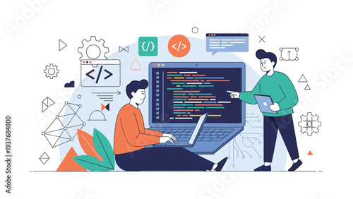 Skilled programmers collaborate on software development by writing code on a laptop while surrounded by various technical icons.