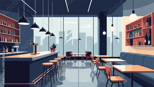 Stylish modern bar and lounge area offers a panoramic view of the city skyline through large windows with stools and tables.