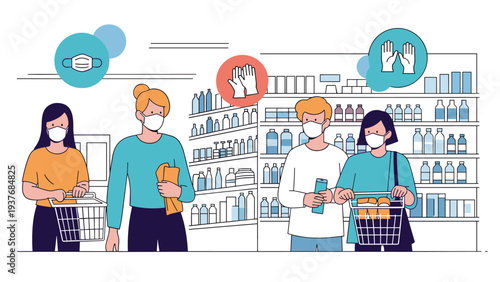 People wearing protective face masks shop for groceries in a supermarket while following health and safety guidelines during a day.
