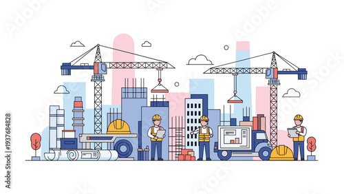 Busy construction site features industrial cranes and workers in safety gear building modern skyscrapers against a clear blue sky.