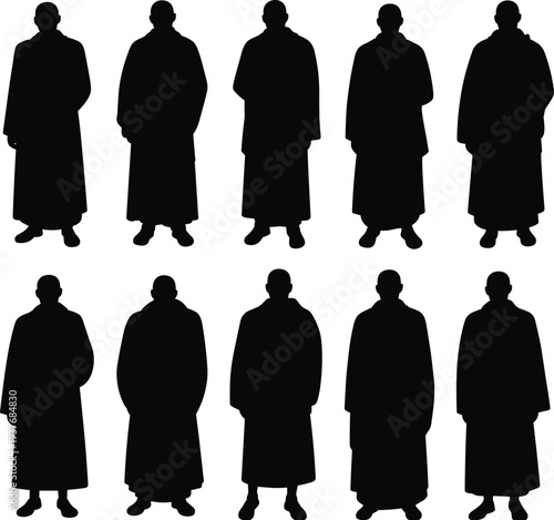 Buddhist Monk Silhouette Collection with Standing Robed Figures Isolated for Religion, Meditation, Spirituality, and Culture Design