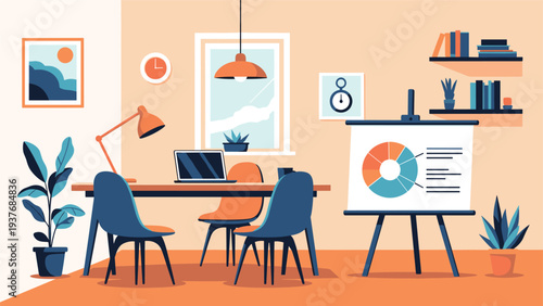 Well-organized home office or meeting room includes a laptop on a wooden table, ergonomic chairs, and a presentation flip chart.