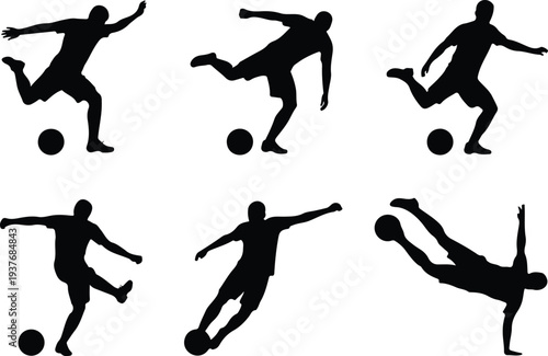 Football Shot Types Silhouette Illustration Set Featuring Header, Chip Shot, Curve Kick, Power Strike, and Penalty Kick Techniques