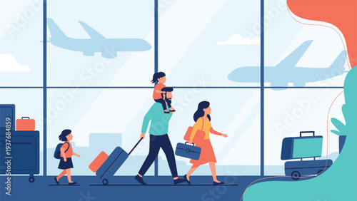Traveling family walks through a large airport terminal with children and suitcases as airplanes fly past outside the windows.
