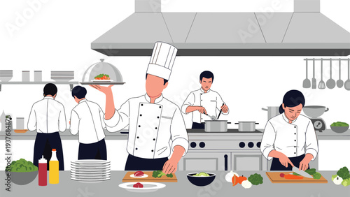 Professional culinary team works efficiently in a commercial kitchen preparing fresh ingredients and gourmet dishes for a restaurant.