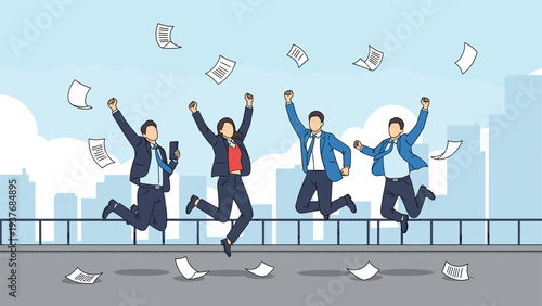 Successful business team celebrates their victory by jumping for joy and throwing papers in the air on a city rooftop at sunset.