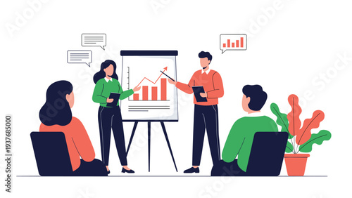 Professional speakers presenting a business growth strategy and data analysis on a whiteboard to a group of attentive colleagues in a meeting.