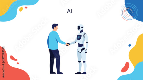 Man and an artificial intelligence robot shaking hands representing the collaborative future of human and machine technology interaction.