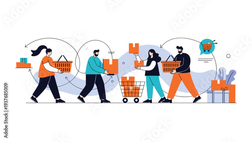 Group of diverse shoppers walking and carrying retail baskets and delivery boxes illustrating e-commerce and logistics services.