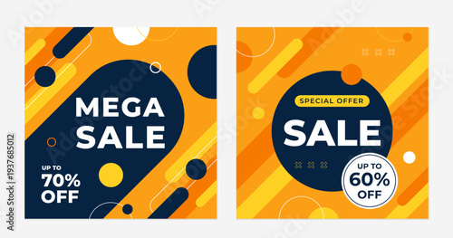 Set of Square Sale Poster Template with Modern Orange Geometric Background. Special offer promotion banner for social media posts, e-commerce, business ads, branding, events and web