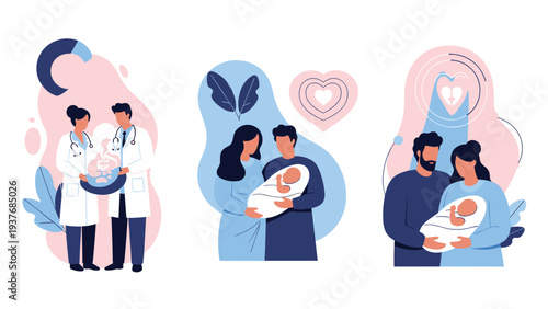 Healthcare concept showing a team of doctors caring for a newborn baby and parents happily holding their infant in a medical setting.
