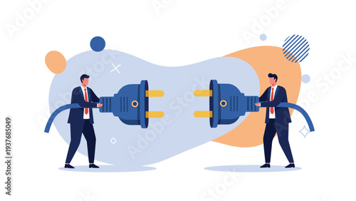 Two businessmen working together to connect giant electrical plugs symbolizing the start of a partnership or a successful business merger.