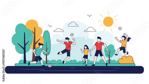 Group of active friends and children playing soccer together in a sunny green park with trees and a bright yellow sun.