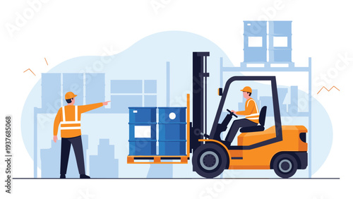 Professional warehouse worker operating a forklift to move blue barrels while a supervisor gives directions in an industrial storage facility.
