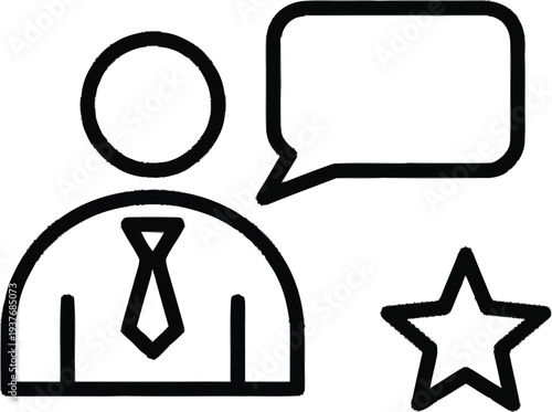 Business professional testimonial icon with speech bubble and star symbol representing client feedback and high rating