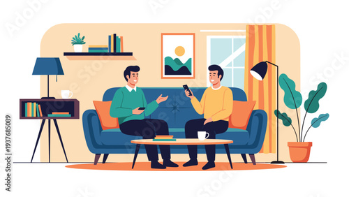 Two friends relaxing on a blue sofa in a cozy modern living room having a conversation while checking their mobile smartphones together.