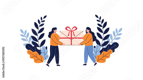 Two happy women working together to carry a large gift box decorated with a red ribbon against a background of decorative blue leaves.