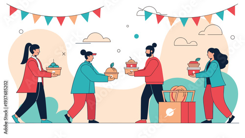 Group of volunteers sharing food and supply boxes under colorful festive banners illustrating community support and charitable giving.