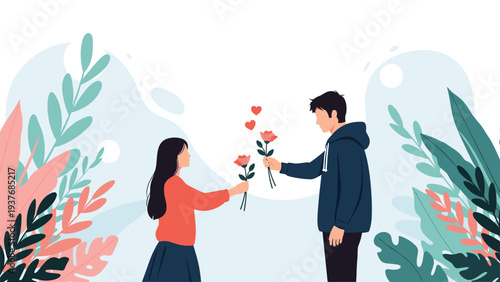 Young boy and girl sharing roses with floating heart icons in a natural setting expressing friendship love and kindness toward each other.