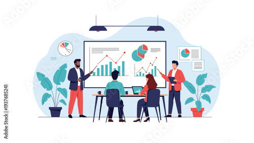 Diverse business team having a productive meeting in a modern conference room while analyzing performance charts on a large whiteboard.