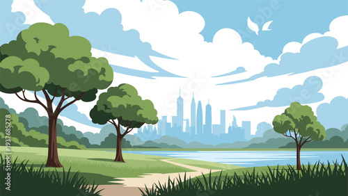 Beautiful landscape view of a modern city skyline from across a peaceful park with a lake green grass and leafy trees.